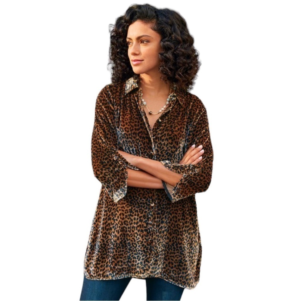 NWOT Soft Surroundings Icon Silk Velvet Poets Shirt in Animal Print Size L